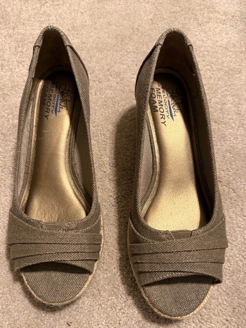 Life Stride Taupe Canvas Peep-Toe Wedges with Espadrille Trim